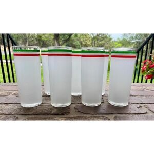 Vintage 1970s Libbey Red, Green & White Frosted Highball/Tom Collins Glasses 8